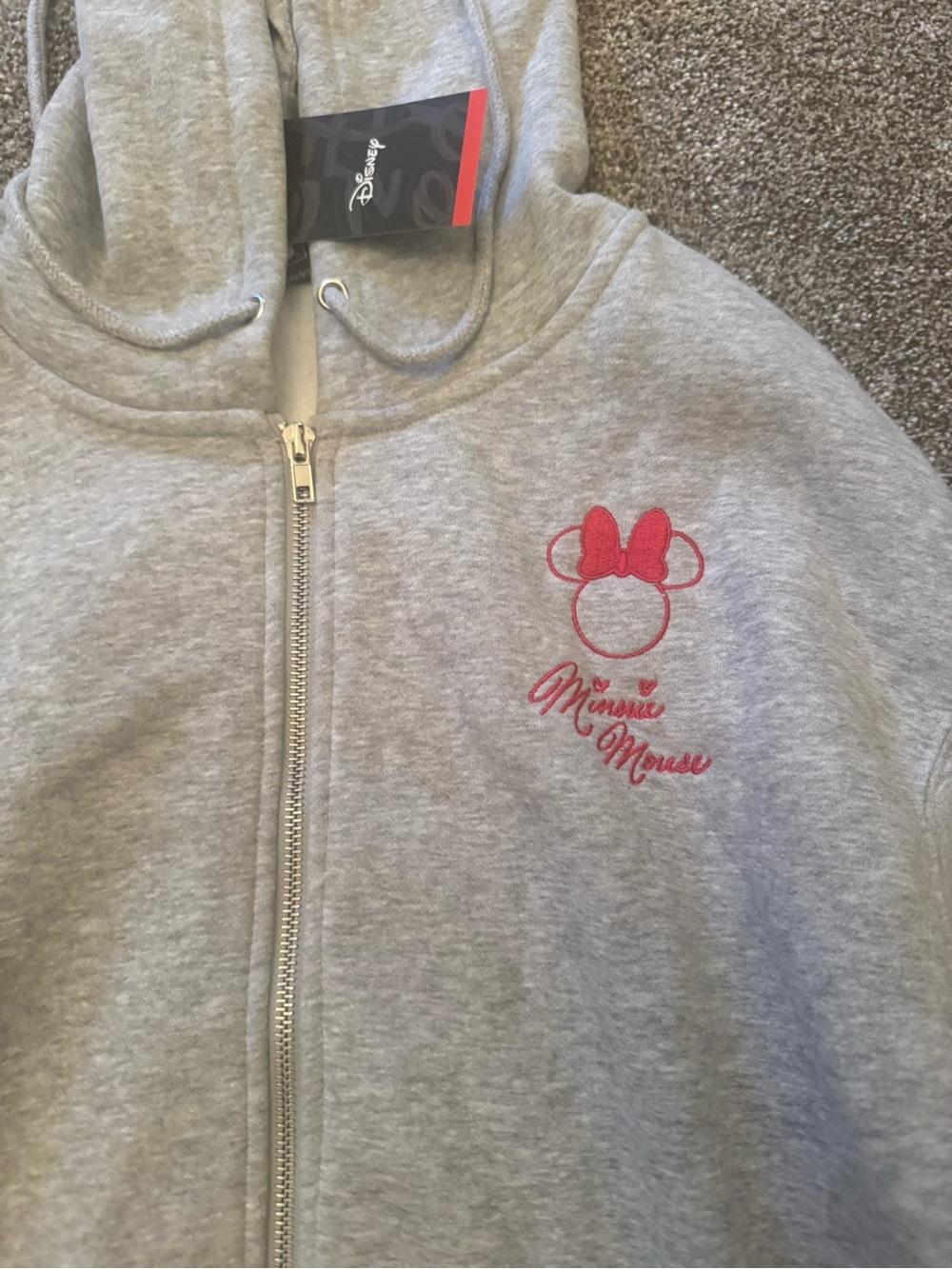 Disney Minnie Mouse Grey Zip Up Hoodie Sweatshirt W/Red Logo Size Medium NWT